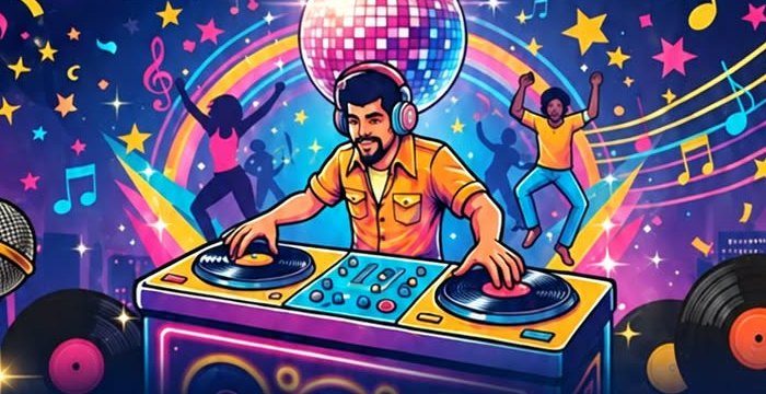 DJ a keverőpult mögött, körülötte táncoló vendégek – illusztráció a buli plakátjáról